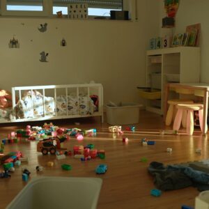 Messy Playroom with Many Toys on Floor