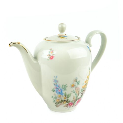 Vintage porcelain teapot with floral pattern on white background.